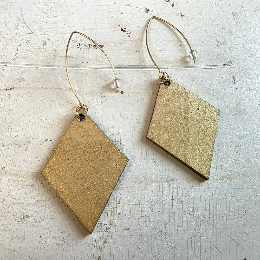 Handmade Abstract Wood Statement Earrings OOAK Ocean Blue Gold Metallic Dangles